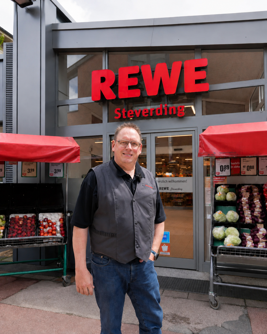 Christoph Steverding vor seinem REWE-Markt in Rhede